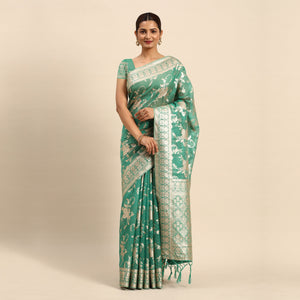 green-floral-woven-organza-silk-saree-with-tassels