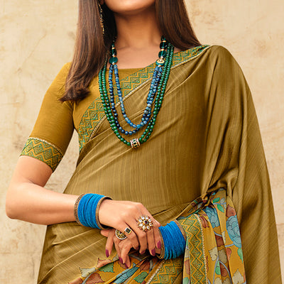 Mehendi Green Floral Printed With Embroidered Border Silk Saree