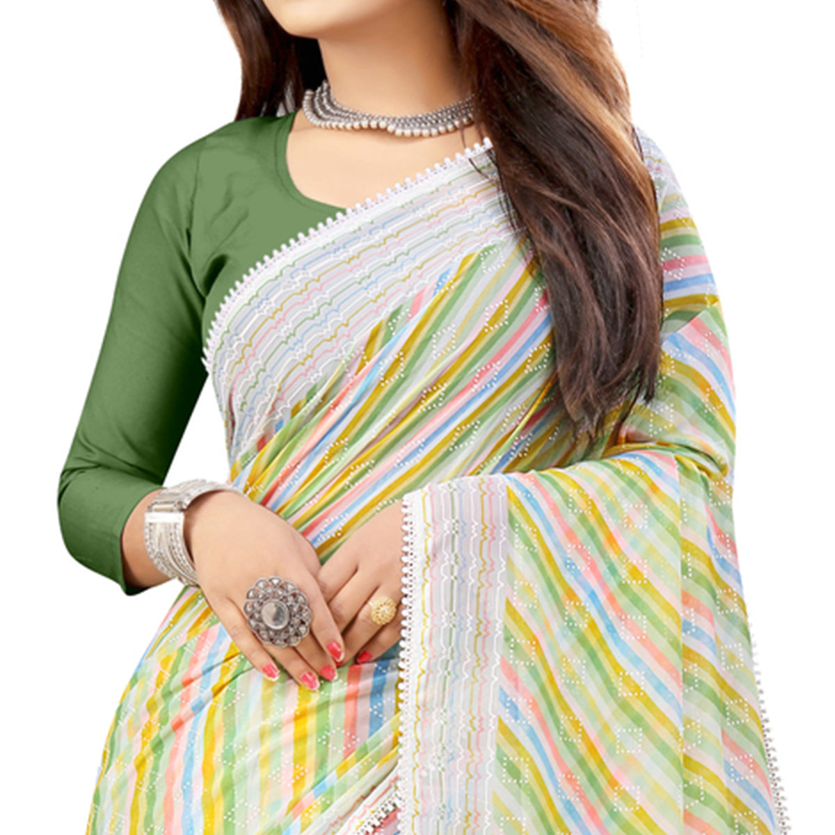 green-striped-printed-georgette-saree