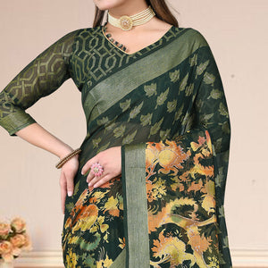 Dark Green Floral Printed With Zari Work Brasso Saree