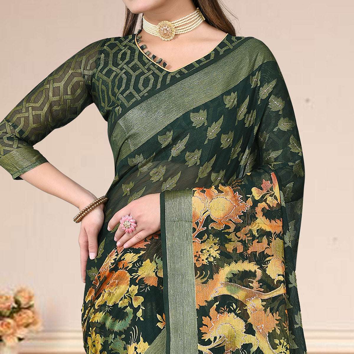 Dark Green Floral Printed With Zari Work Brasso Saree