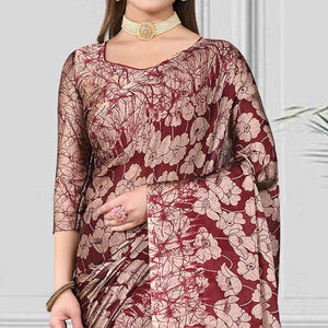 Maroon Floral Printed Chiffon Saree