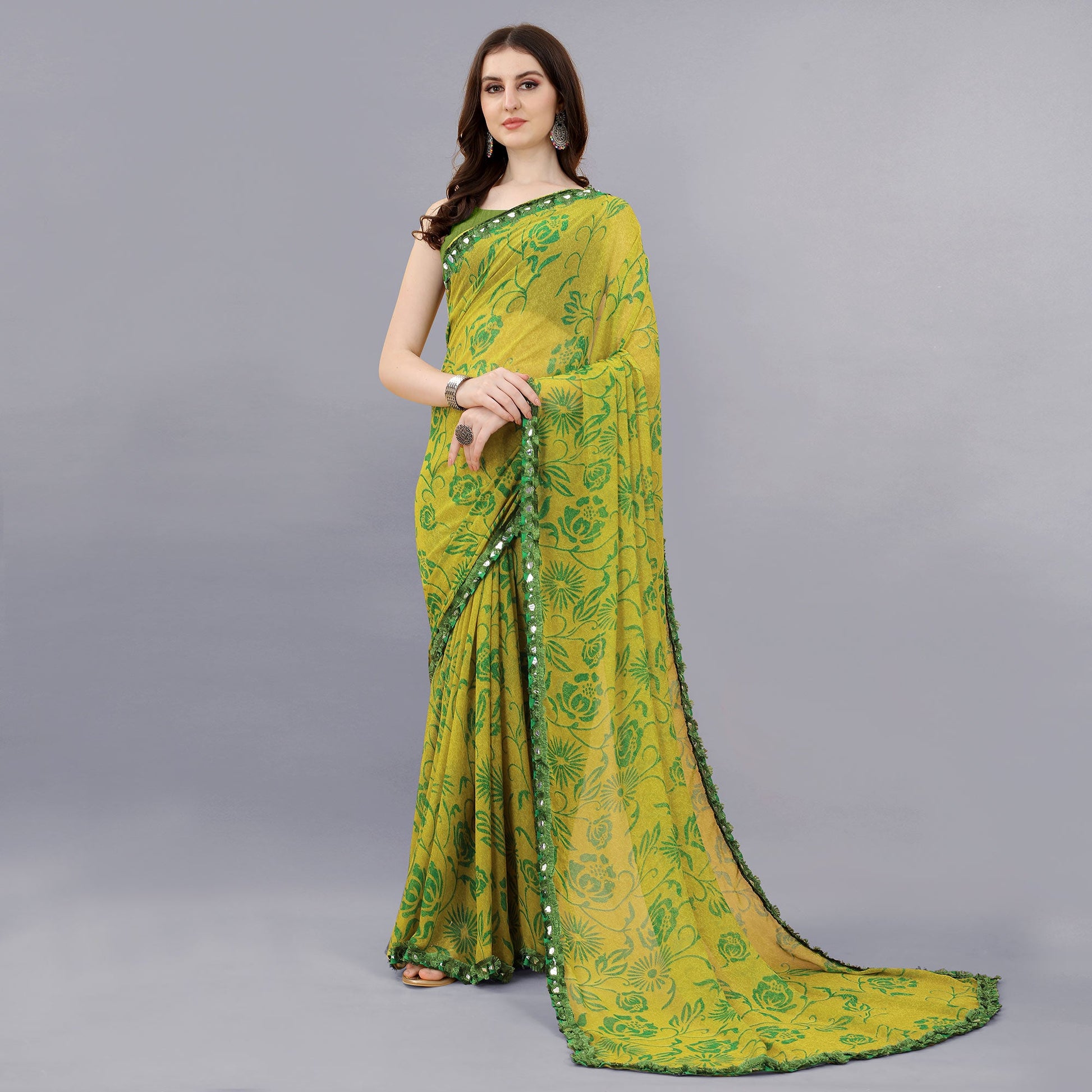 Lemon Green Floral Printed Georgette Saree