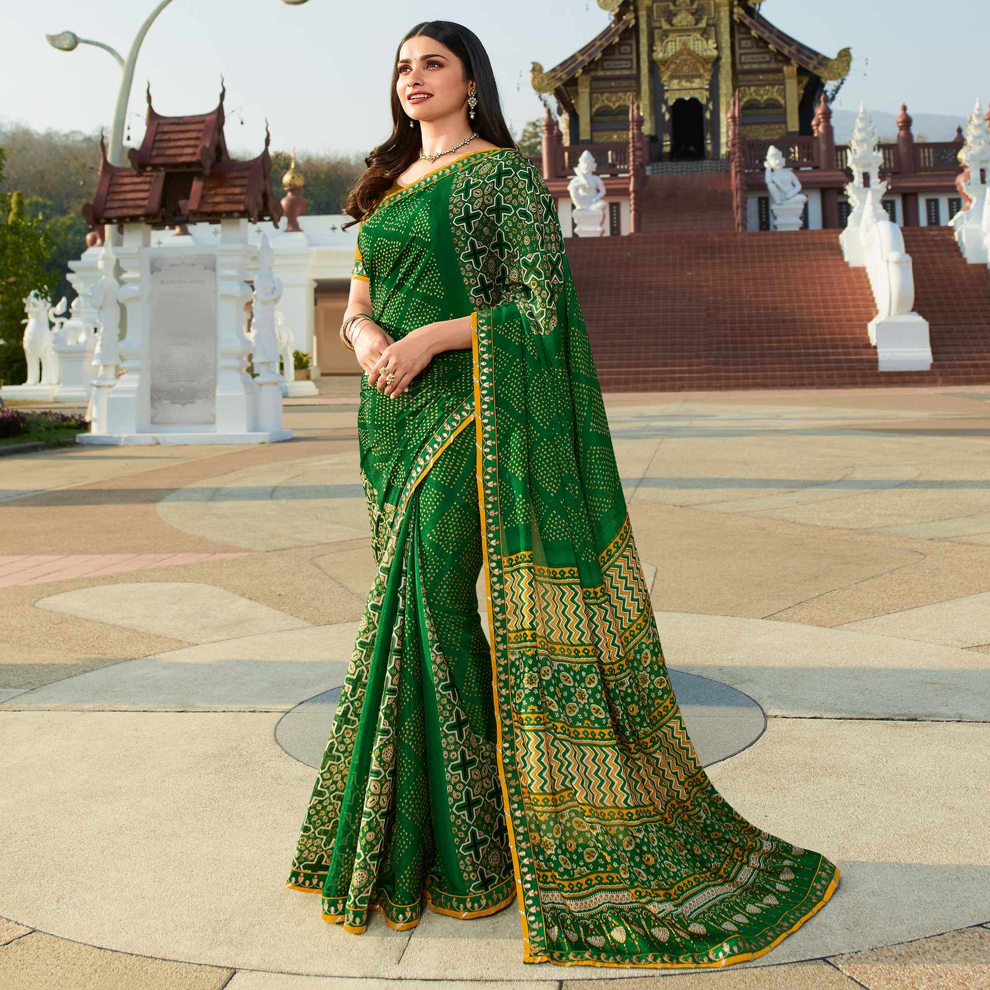 green-bhandhani-printed-chiffon-saree