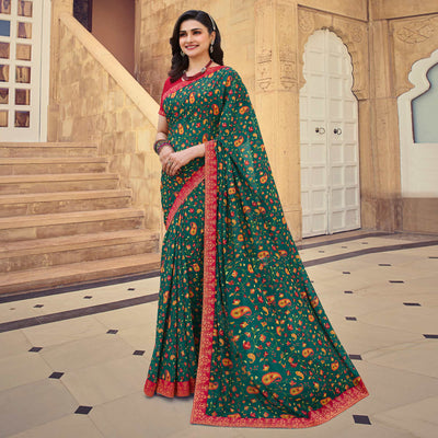 Light Green Floral Printed Georgette Saree