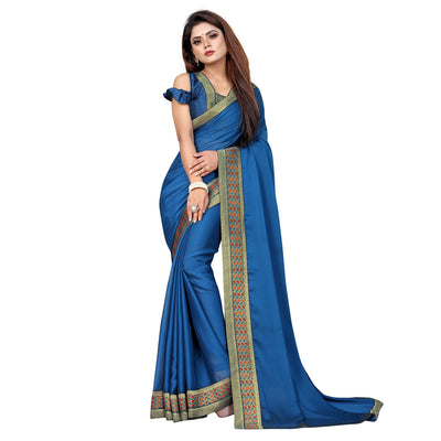 Blue Solid With Woven Border Vichitra Silk Saree