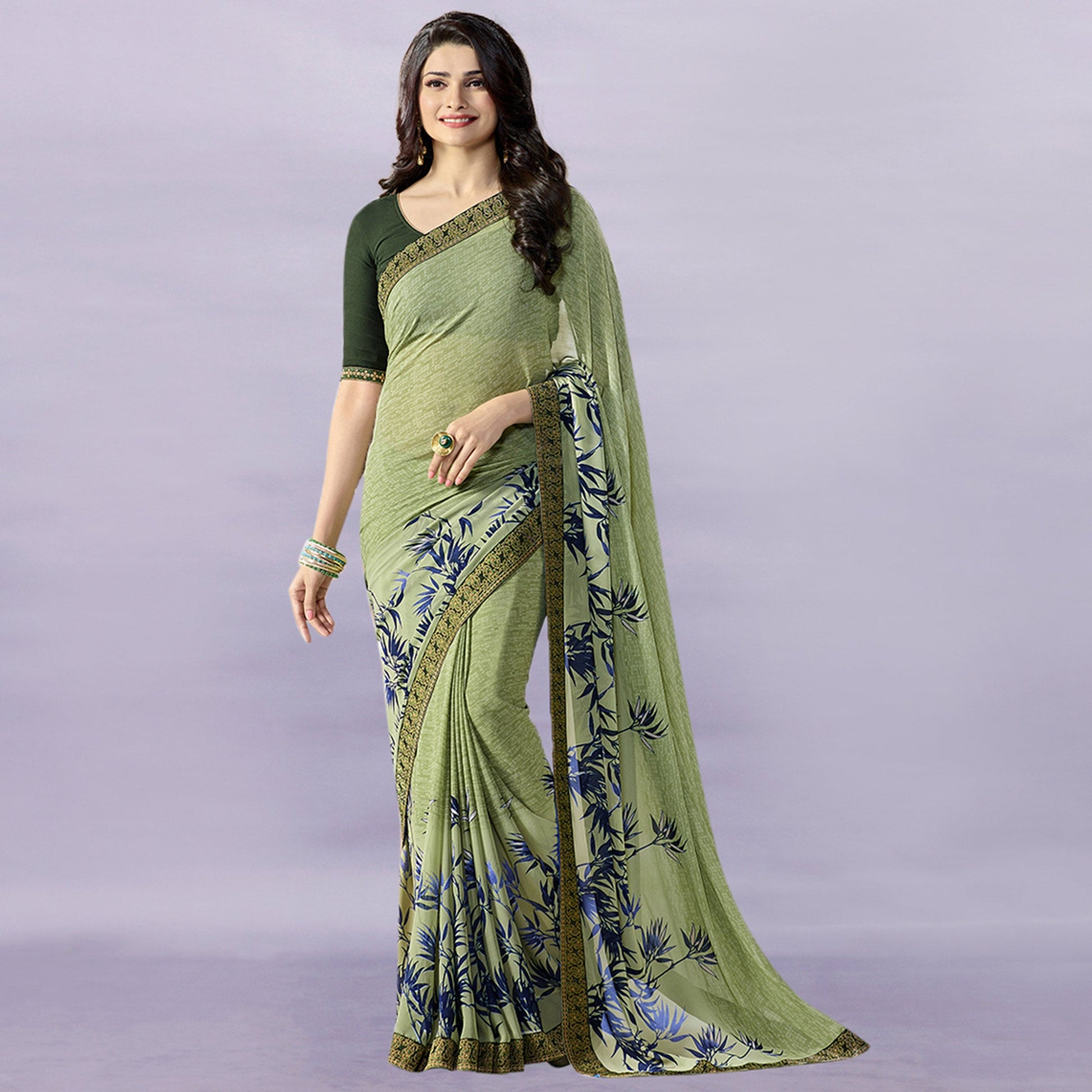 Mehendi Green Floral Printed Georgette Saree