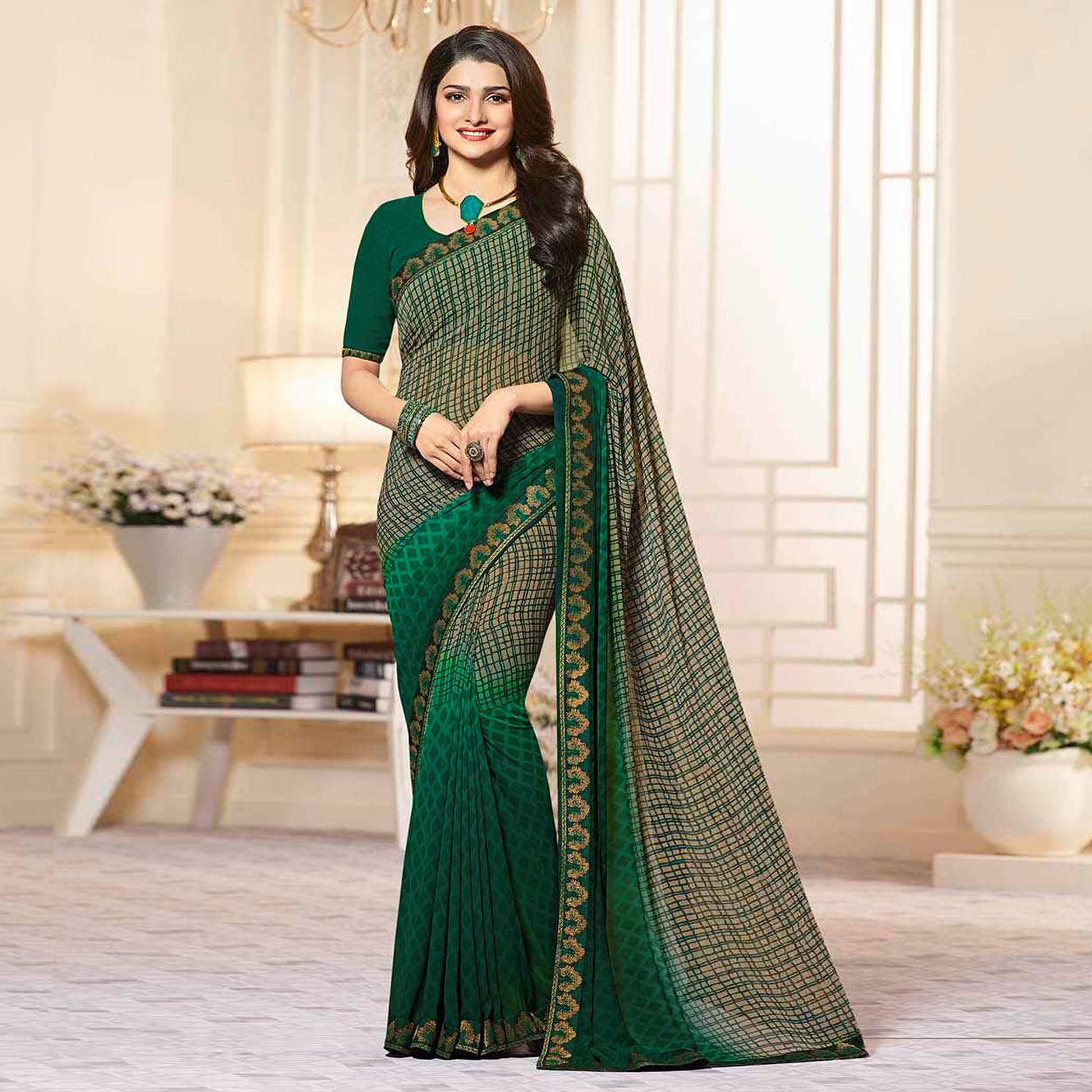 green-printed-georgette-saree-with-lace-border-2