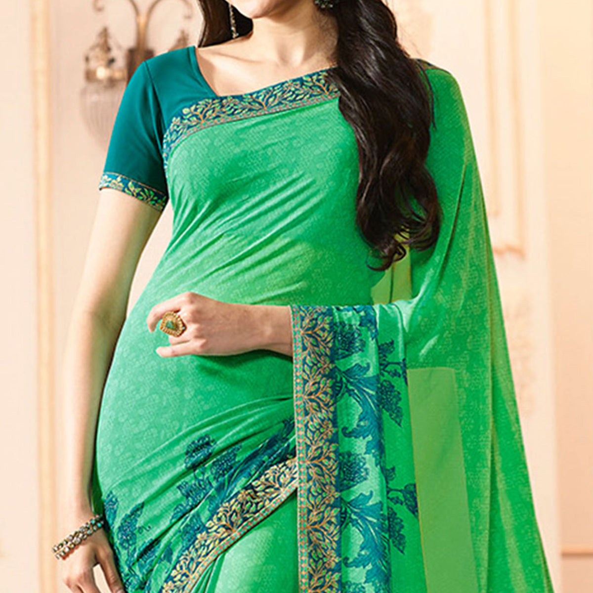 green-floral-printed-georgette-saree-with-lace-border