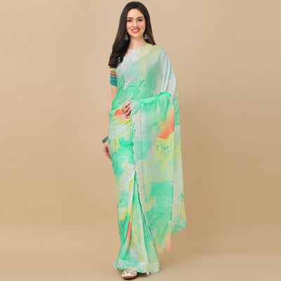 Light Green Printed With Swarovski Work Chiffon Saree