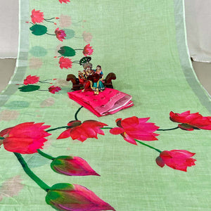 green-floral-digital-printed-linen-saree