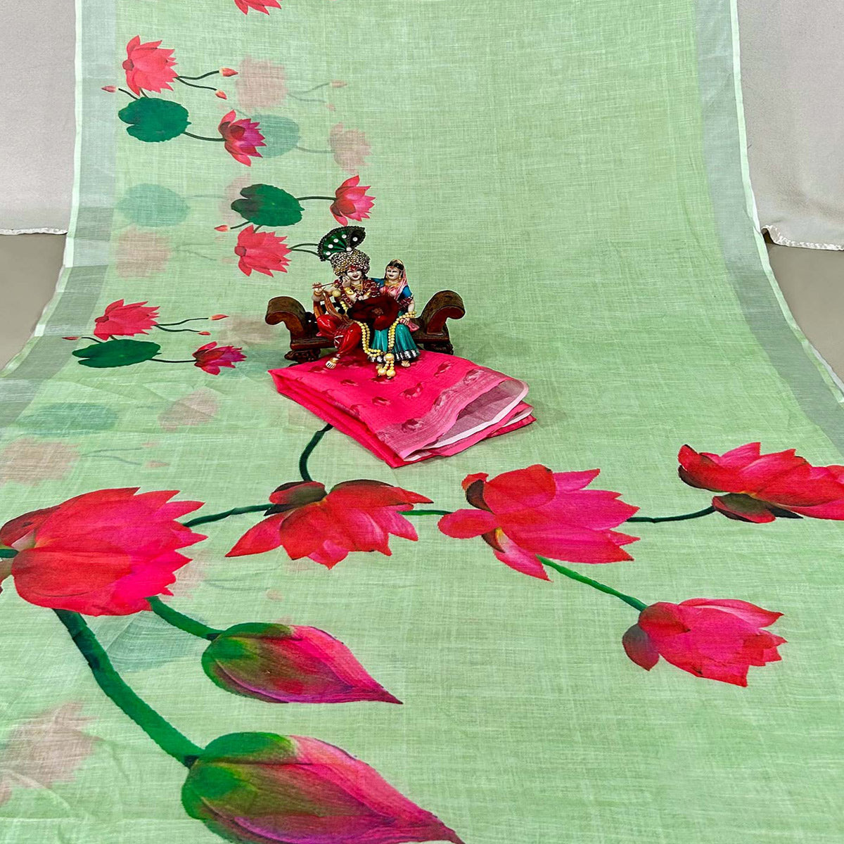 green-floral-digital-printed-linen-saree