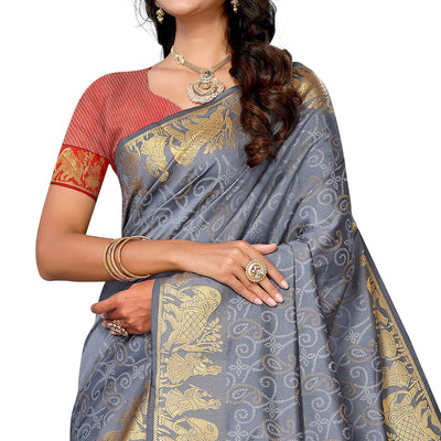 Grey Woven Banarasi Silk Saree