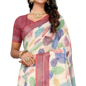 Cream Digital Floral Printed Linen Saree