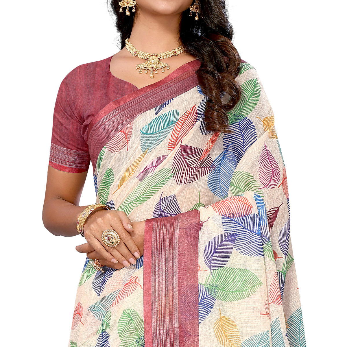Cream Digital Floral Printed Linen Saree