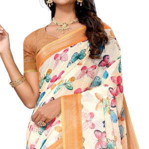 Cream & Orange Digital Floral Printed Linen Saree