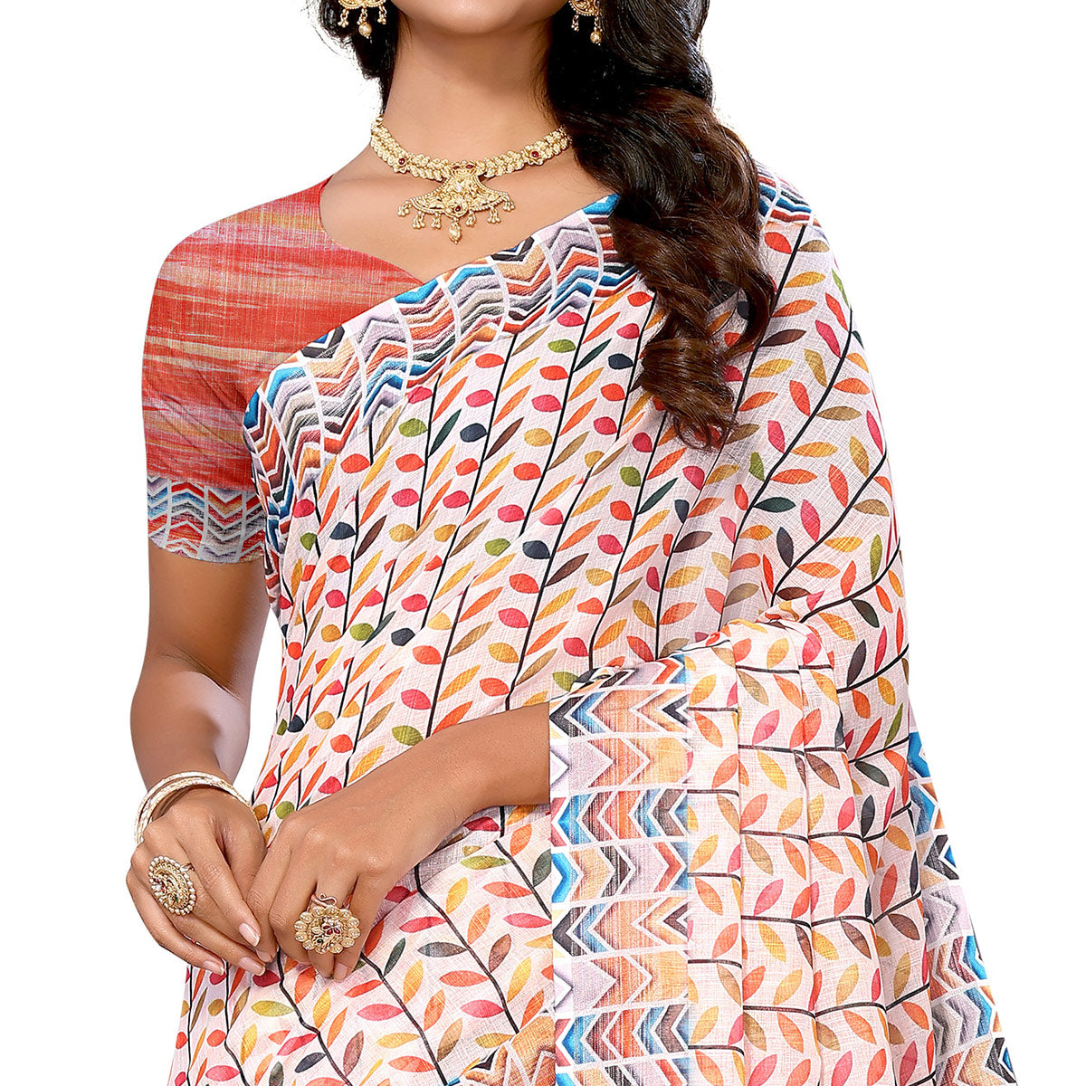 Cream & Multicolor Digital Floral Printed Linen Saree