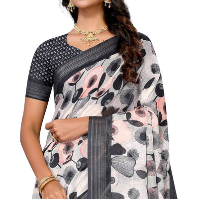grey-black-digital-floral-printed-linen-saree