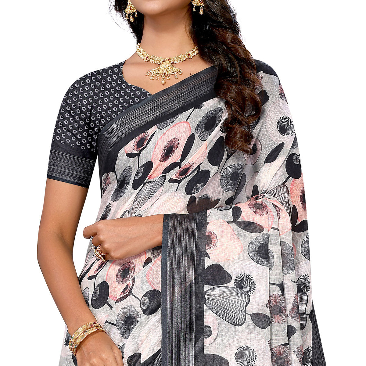 grey-black-digital-floral-printed-linen-saree