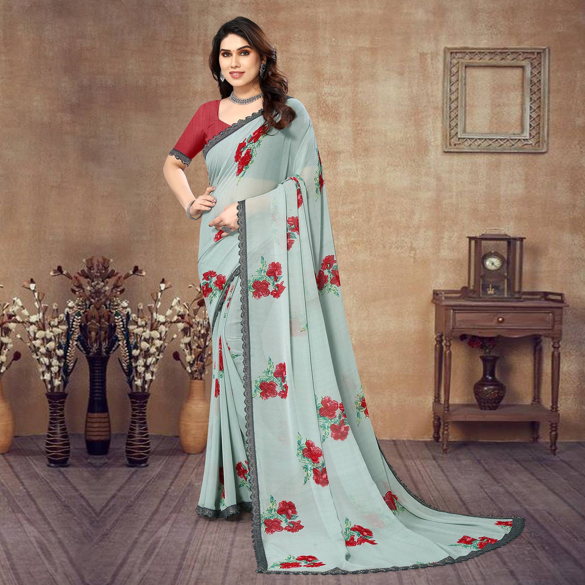 grey-floral-printed-georgette-saree-with-lace-border