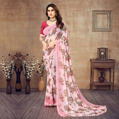 Light Pink Floral Printed Georgette Saree With Lace Border