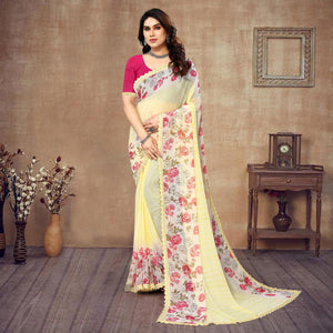 Light Yellow Floral Printed Georgette Saree With Lace Border