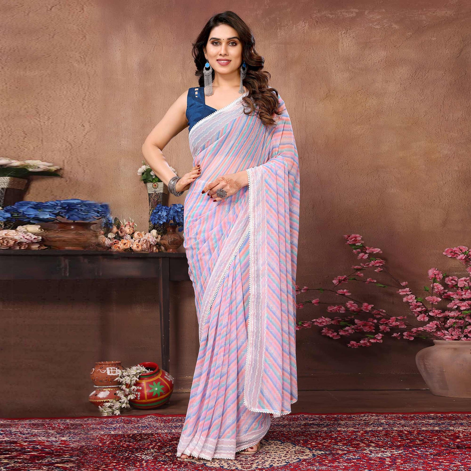 Lavender Printed Striped Printed Ready To Wear Georgette Saree