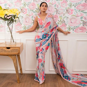 Light Blue Digital Printed Georgette Saree