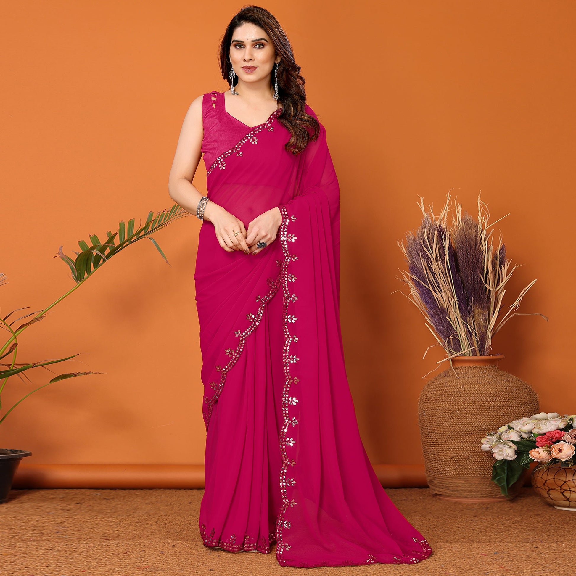 Dark Pink Embellished Georgette Saree With Mirror Work