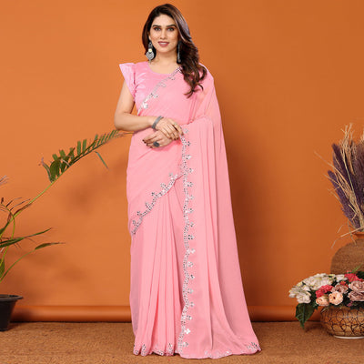 Light Pink Embellished Georgette Saree With Mirror Work