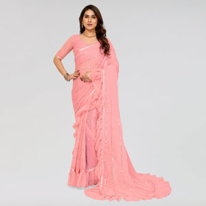Light Pink Embroidered Georgette Ruffle Saree