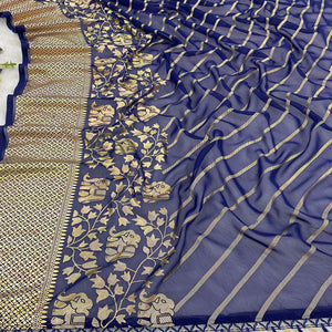 Dark Blue Striped Foil Printed Georgette Saree With Tassels