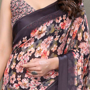 Brown Floral Printed Chiffon Saree
