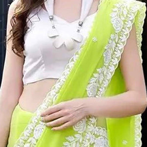 Lime Green Floral Embroidered Georgette Saree