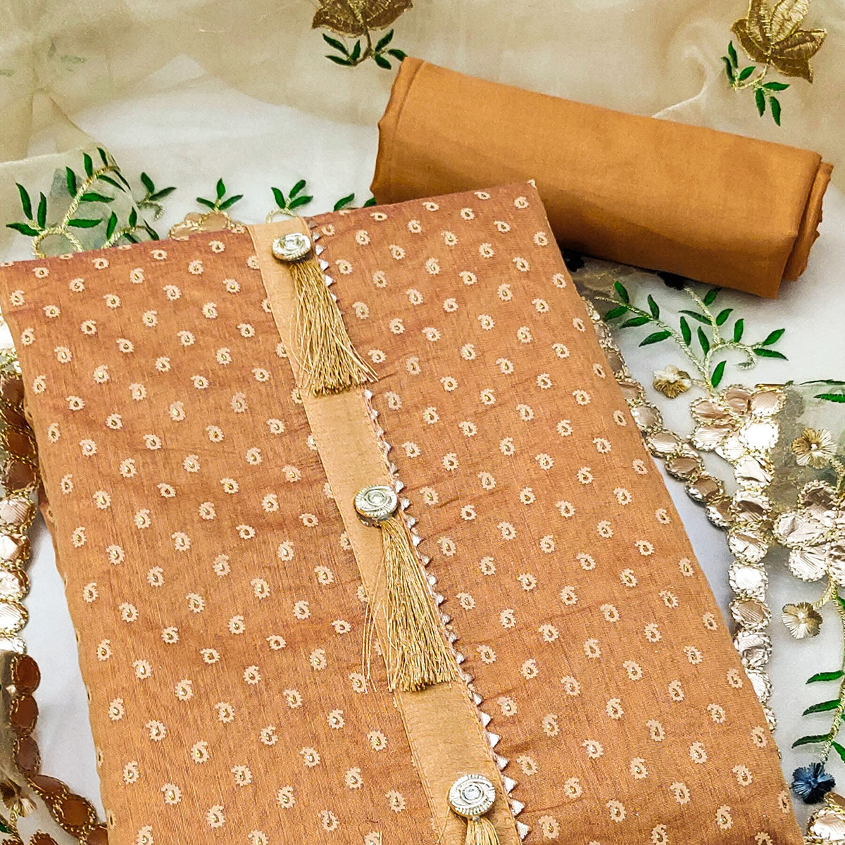 Light Orange Printed Chanderi Dress Material