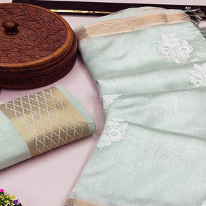 Light Turquoise Floral Embroidered Chanderi Saree