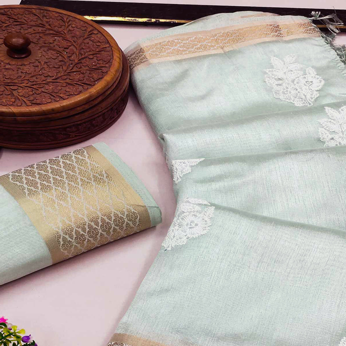 Light Turquoise Floral Embroidered Chanderi Saree