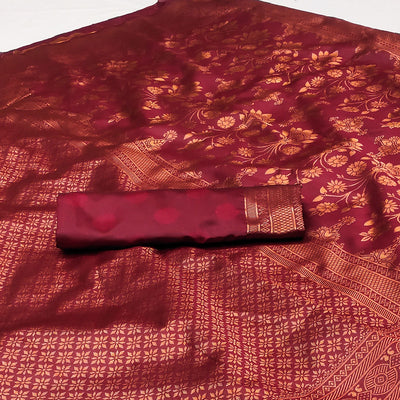 Maroon Floral Woven Banarasi Silk Saree