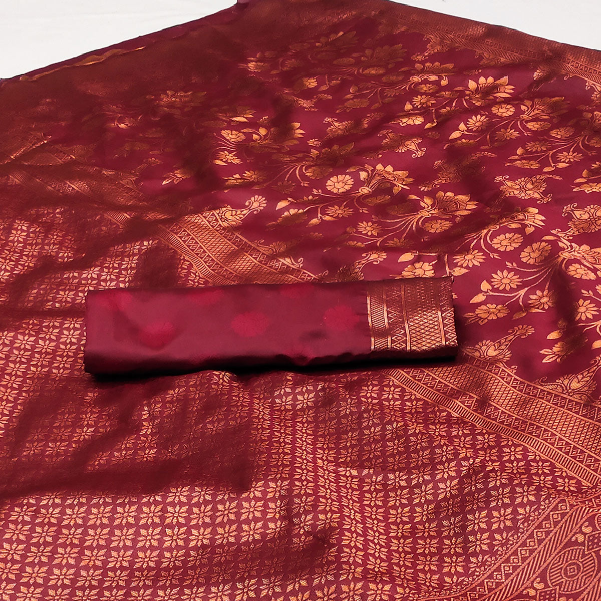 Maroon Floral Woven Banarasi Silk Saree
