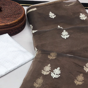 Brown Floral Embroidered Organza Saree