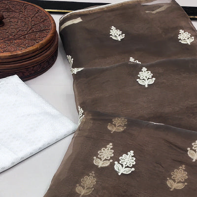 Brown Floral Embroidered Organza Saree