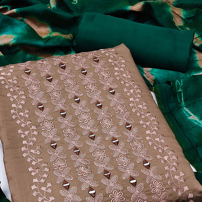 Brown Floral Embroidered Viscose Dress Material