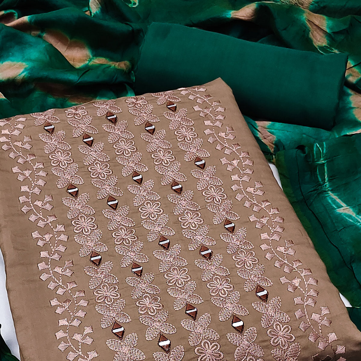 Brown Floral Embroidered Viscose Dress Material
