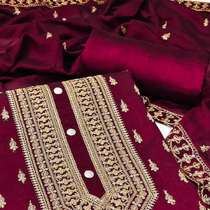 Maroon Sequins Embroidered Vichitra Silk Dress Material