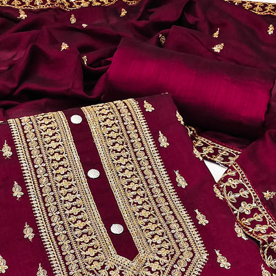 Maroon Sequins Embroidered Vichitra Silk Dress Material