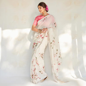Cream & Pink Floral Digital Printed Linen Saree
