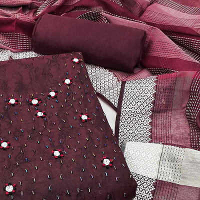 Maroon Embroidered Pure Cotton Dress Material