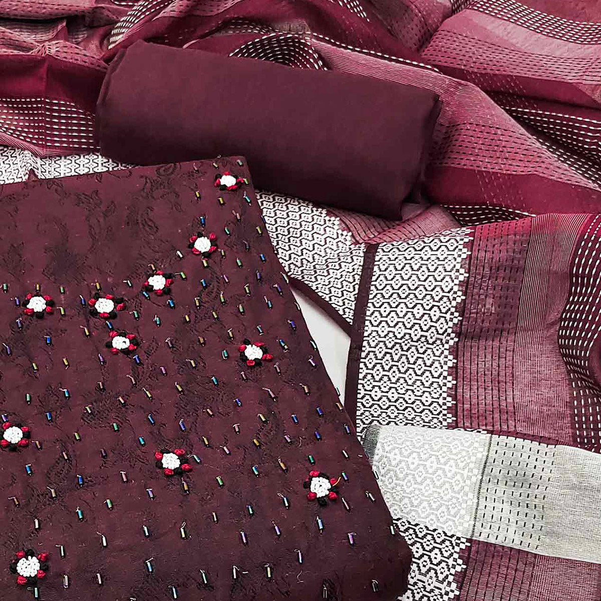 Maroon Embroidered Pure Cotton Dress Material