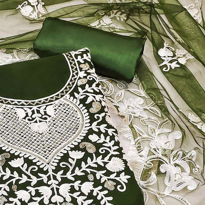 Mehandi Green Floral Embroidered Georgette Dress Material