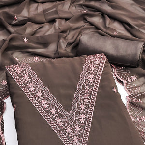 Brown Floral Embroidered Georgette Dress Material